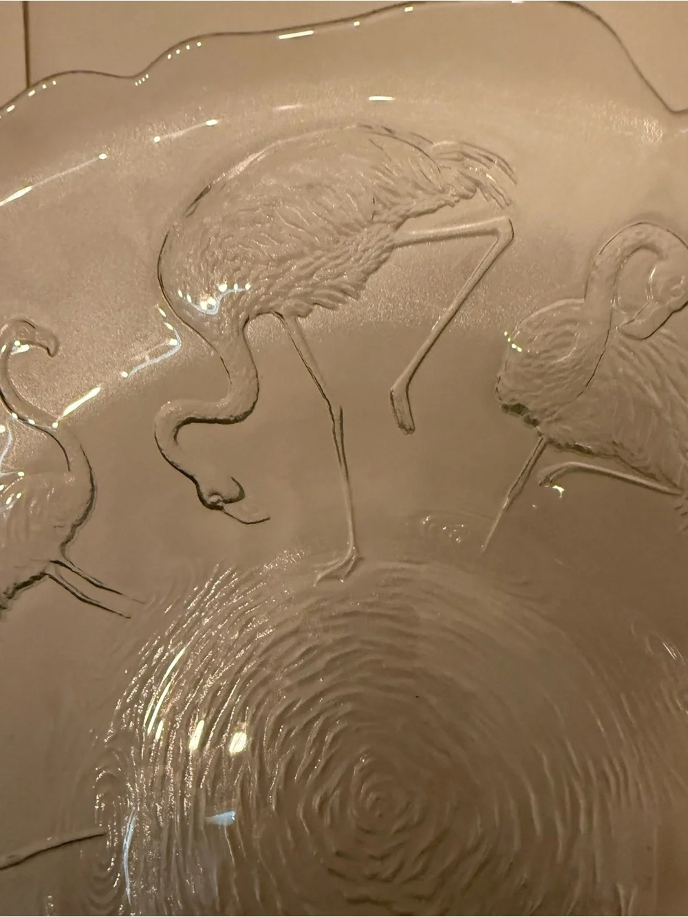 🦩Raised flamingo 🦩 bowl.  French glass 14” scalloped edge.